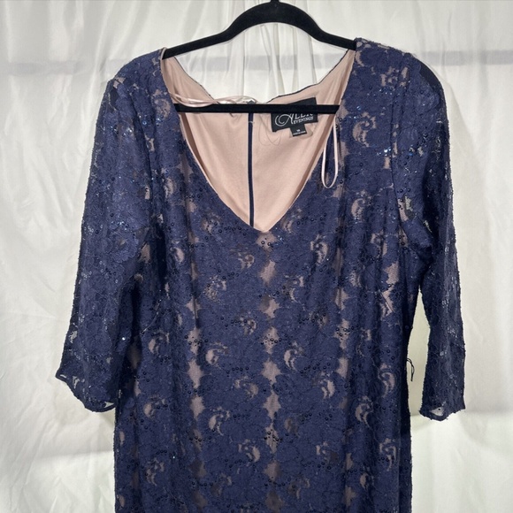 NEW $199‎ ALEX EVENINGS [ 18 R ] Sequined Lace Mermaid Gown in Navy Tan - Picture 7 of 12